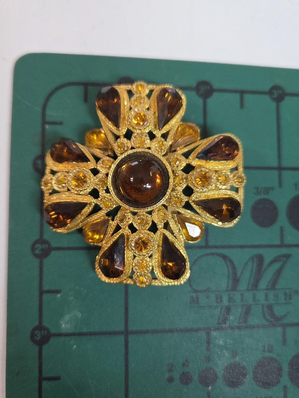 sphinx maltese brooch pendant amber stone cross gold tone large chunky dimension
